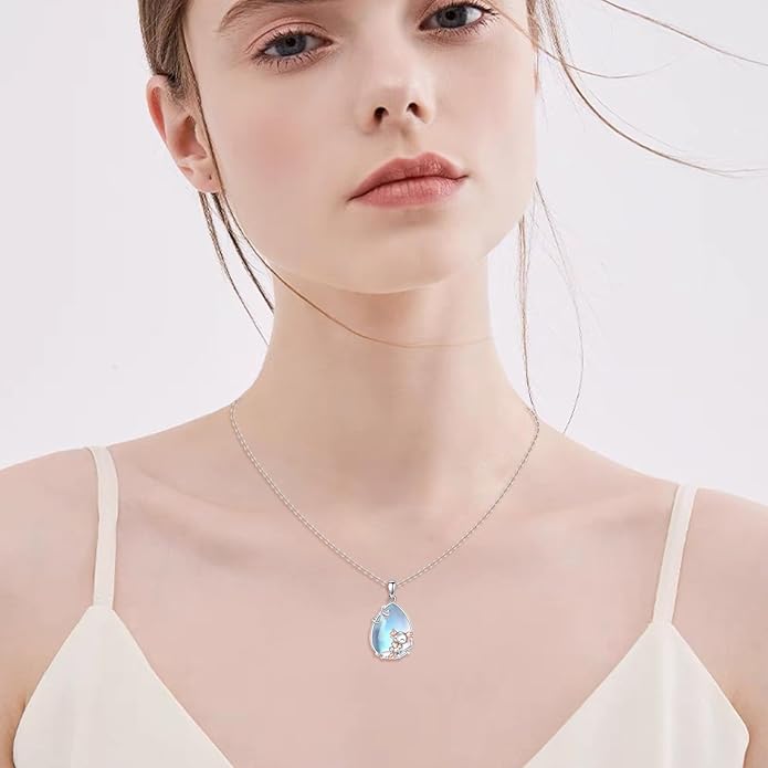 LUHE Moonstone Necklace 925 Sterling Silver Fox/Axolotl/Cat/Raccoon/Penguin/Frog/Panda/Highland Cow Pendant Necklace Animal Jewelry Gifts for Women
