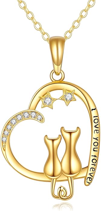 DOVRAN 14K Gold Cat Necklace for Women Solid Yellow Gold Cat Jewelry Cat Gifts for Cat Lover