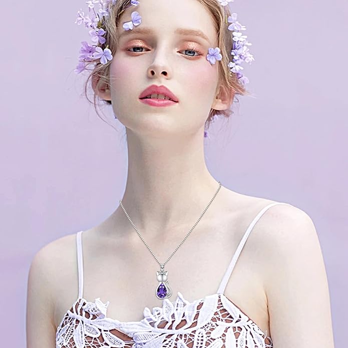 Odinstone Cat Birthstone Necklaces Jewelry Sterling Silver Cat Pendant Necklace Gift for Women Gifts, 18'' Silver Box Chain Women's Birthstone Crystal Cat Jewelry Gifts