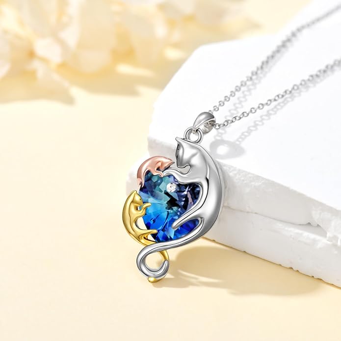 AOBOCO Valentine Cat Necklace for Women 925 Sterling Silver Cat Pendant Necklace Embellished with Crystals from Austria Jewelry Gifts for Cat Lovers