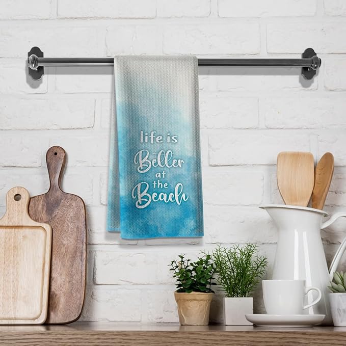 Life is Better at The Beach Saying Kitchen Towels,Funny Joked Dishcloth,16 * 24inch Stylish Hand Rags, Microfiber Bar Towel,Ideal Gifts for Women Hostess New Home Mom Women Housewarming-Blue