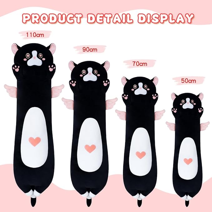Long Cat Plush Body Pillow, Cute Cat Plush Toy Pillows with Wings, Stuffed Animals Kitten Soft Plushies Gifts for Kids Girls Girlfriend(AngelCat Pink, 35.4in/90cm)