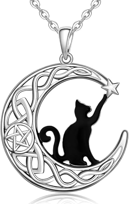 Fenthring Black Cat Necklace Sterling Silver Crescent Moon Celtic Knot Cat Necklaces for Women Cute Animal Infinity Pentacle Cats Halloween Christmas Holiday Jewelry