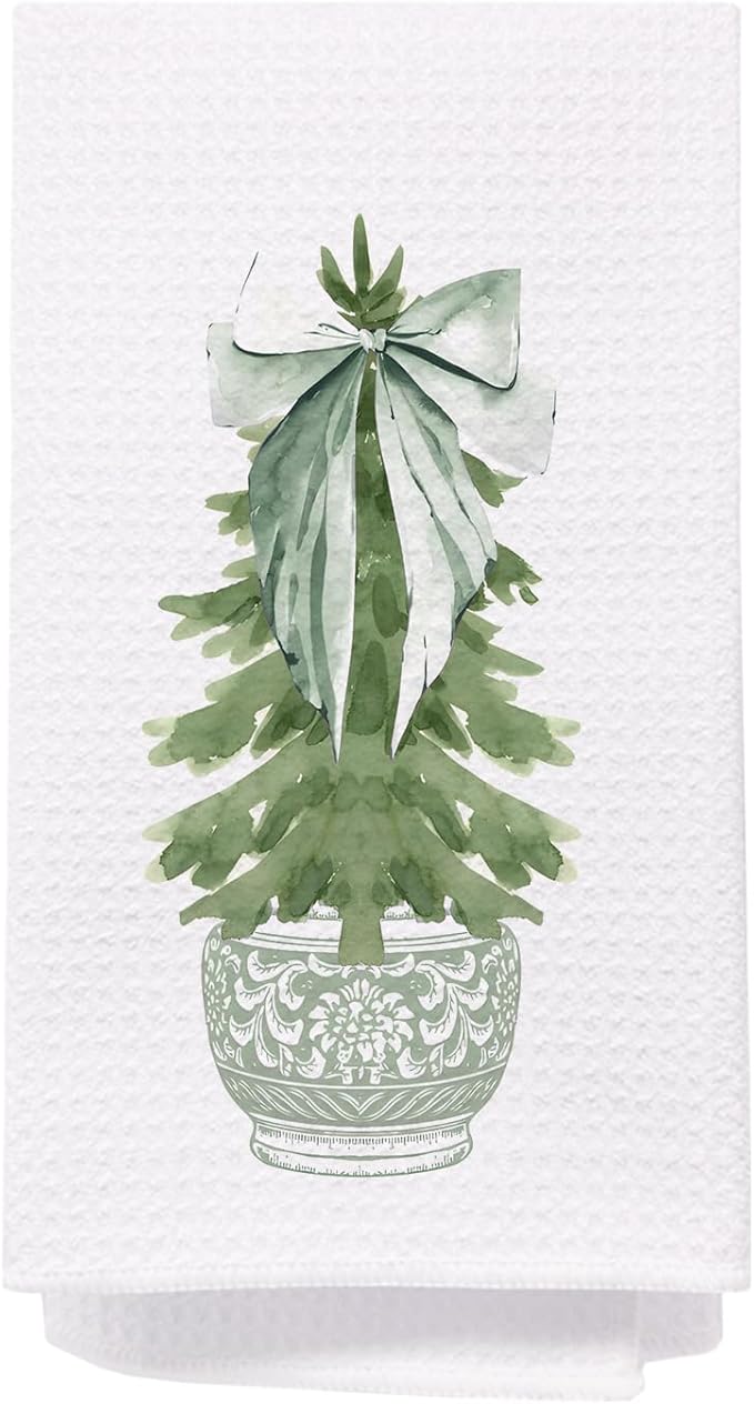 Chinoiserie Christmas Kitchen & Bath Towels, Sage Green Porcelain Chinoiserie Tree Hand & Dish Towels, 16x24 Inch