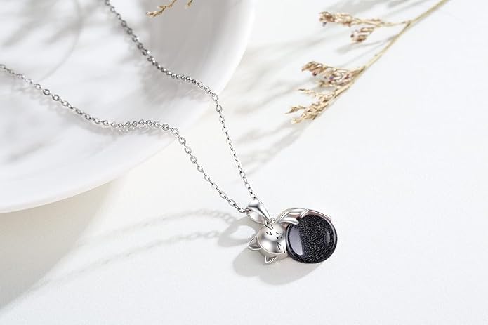 Natural Gemstone Cat Necklace for Women 925 Sterling Silver Cute Kitten Pendant with Genuine Turquoise/Rose Quartz/Amethyst/Larimar/Labradorite/Moss Agate/Blue Sandstone Jewelry Gifts