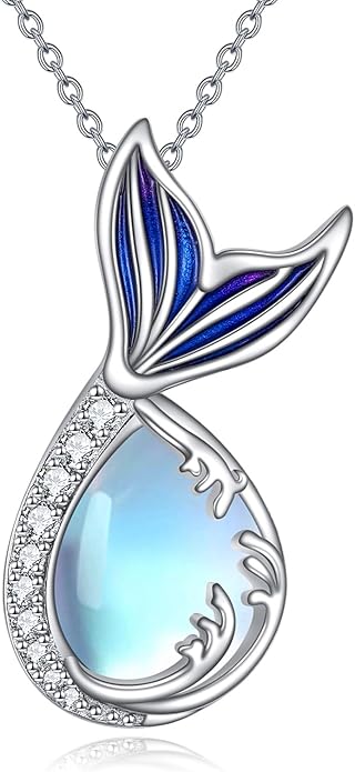 Teardrop Moss Agate/Turquoise/Moonstone/Larimar Mermaid/Fox/Cat Necklace Sterling Silver Pendant Necklace Jewelry Gifts for Women