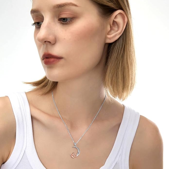 Diamond Black Cat/Red Panda/Sloth/Deer/Unicorn Necklace for Women 925 Sterling Silver Sleeping Animal and Moon Pendant with Lab Grown Diamonds Jewelry Gifts