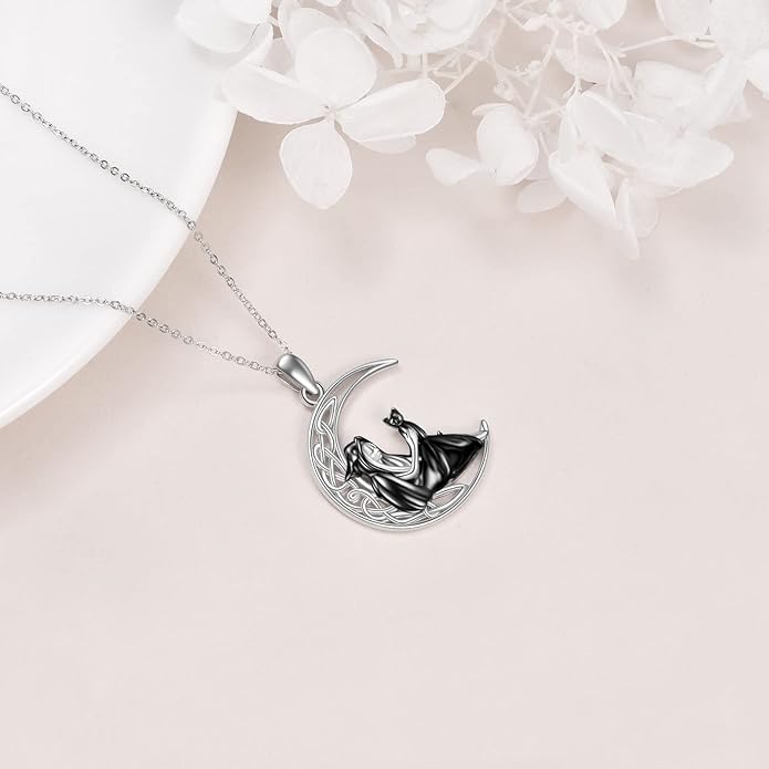 Witch Necklace Sterling Silver Witch/Skull Moon Pendant Halloween Jewelry Gifts for Women