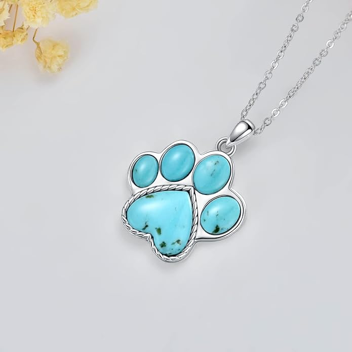 Paw Print Necklace 925 Sterling Silver with Genuine Turquoise/Larimar Dog Cat Kitten Puppy Footprint Pendant Animal Jewelry Gifts for Women Pet Lover