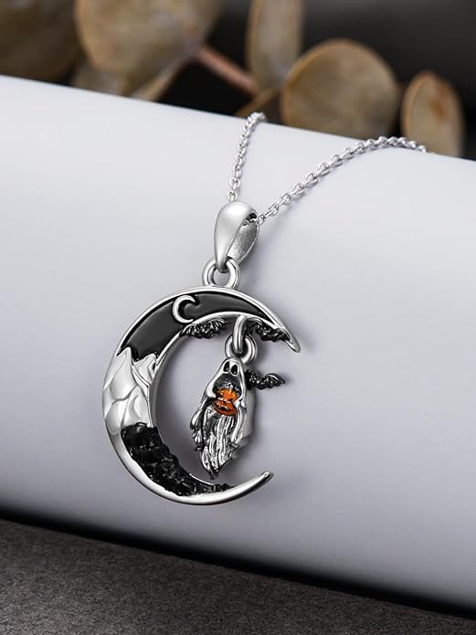 Gothic Jewelry Bat/Cat/Wolf/Dragon/Owl/Fox/Spider/Sun Pendant Sterling Silver Crescent Moon Necklace for Women Girls Black Jewelry Gifts