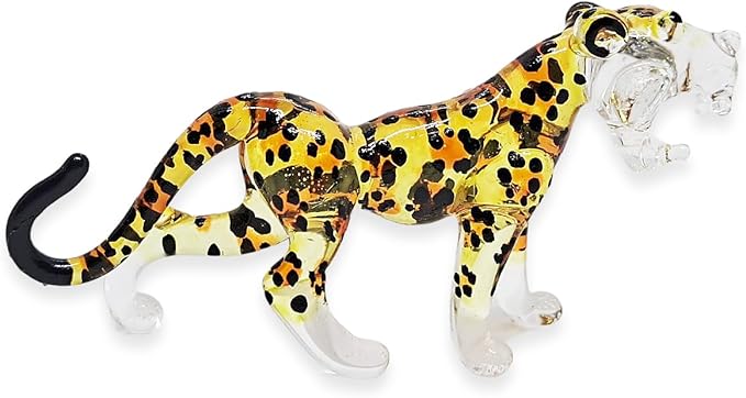 ChangThai Design Tiny 2½" Yellow Black Spotted Roaring Leopard Cheetah Jaguar Figurine - Miniature Hand Blown Glass Wild Cats Wildlife Felidae Animal Crystal Decorative Collectible Figures Décor Gifts