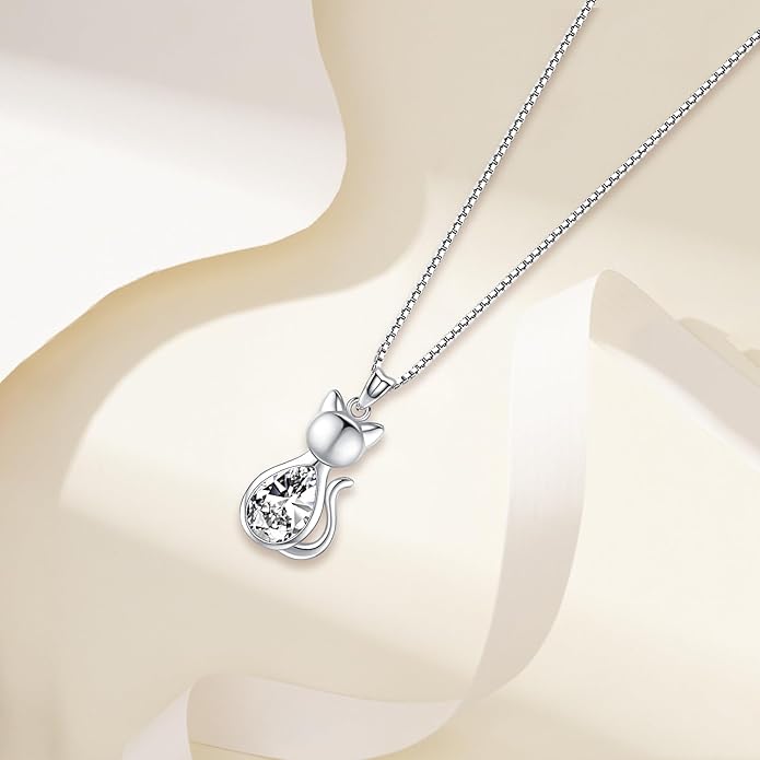 Odinstone Cat Birthstone Necklaces Jewelry Sterling Silver Cat Pendant Necklace Gift for Women Gifts, 18'' Silver Box Chain Women's Birthstone Crystal Cat Jewelry Gifts