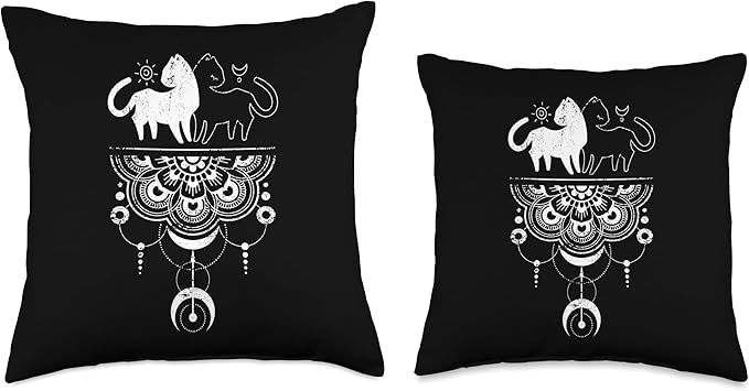 Couple of Cats, Mandala, Geometric Mystical Figures Throw Pillow, 16x16, Multicolor