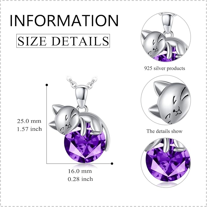 LONAGO Cat Necklace with Birthstone 925 Sterling Silver Cat Pendant Necklace Gift for Women