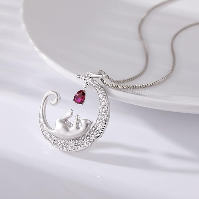 jiamiaoi 18K White Gold Plated Cat Necklace 925 Sterling Silver Diamond Cat Necklace Silver Cat On Moon Necklace for Women Gift for Birthday/Christmas, Come with Gift Box