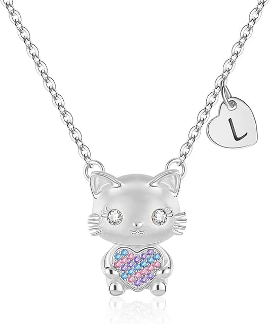 Gifts for Girls Necklace, Cat Heart Pendant Necklace for Jewelry Initial Necklace for Girl Birthday Christmas Gifts