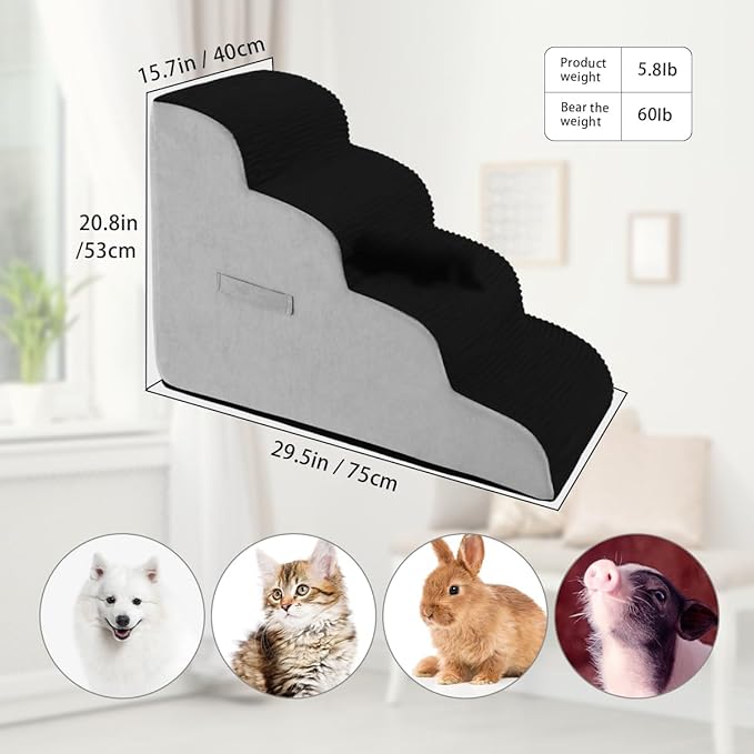 High Density Foam Dog Stairs Steps, Non-Slip Extra Wide Deep Pet Steps for Beds Or Couches, for Injured or Older Pets Dogs and Cats with Joint Pain (4-Tiers (Black))