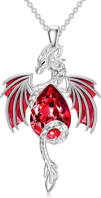 Dragon Necklace for Men Sterling Silver Birthstone Wyvern Necklace Embllished with Teardrop Shaped Crystal Jewelry for Women