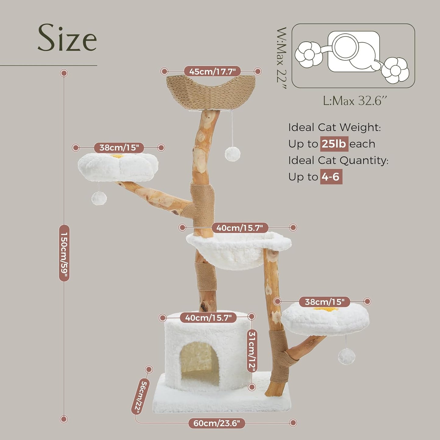 PAWZ Road Cat Tree for Indoor Cats Large Adults, 59 Inches Modern Cat Tower with Large Basket and Hammock, Natural Solid Wood, Luxury Condo & Dual Perches, Modern Cat Furniture for Big Cats, White