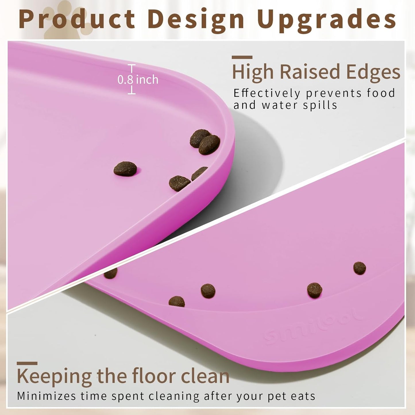 Silicone Pet Feeding Mat with Raised Edge & Residue Collection Pocket for Food and Water, Dog Bowl Mats, Cat Bowls Placemat with High Lip for Floor Waterproof, 22 x 14 x 0.8 Pink