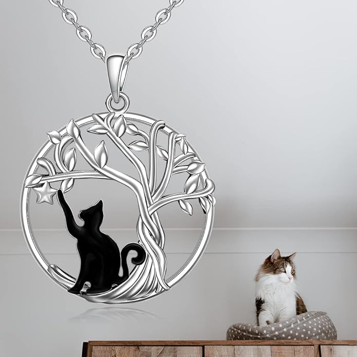 Cat Necklace Black Cat Necklace for Women Sterling Silver Tree of Life Necklaces Pendant for Cats Lovers White Gold Gifts Jewelry