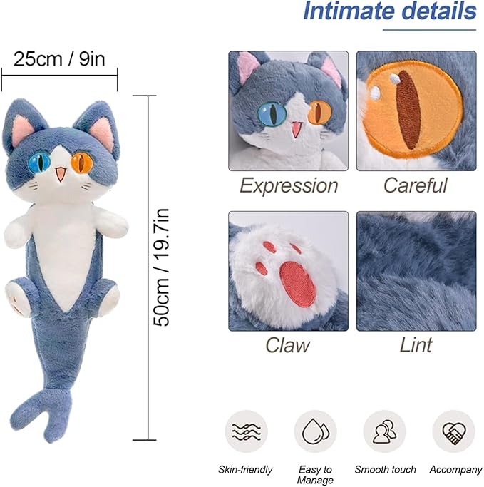 OOPSHANA Long Cat Plush Toy Cute Plushie Hugging Plush Pillow Shark Cat Stuffed Animal for Girls and Boys Blue 19.7"