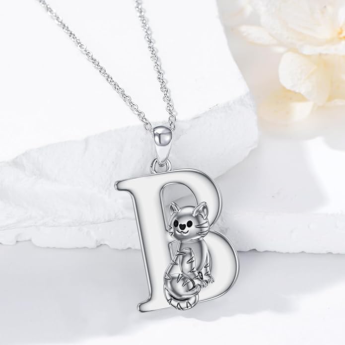 LONAGO Cat Initial Pendant Necklace Silver A to Z Letters Alphabet Necklace Gift for Women