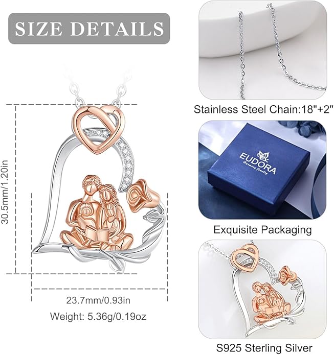 EUDORA Sterling Silver Mother Daughter Necklace for Women, Mama Son Daughter Necklace Pendant for Mom and Daughter,Mom Jewelry from Daughter Mother's Day Gift for Mother Daughter Aunt Grandma