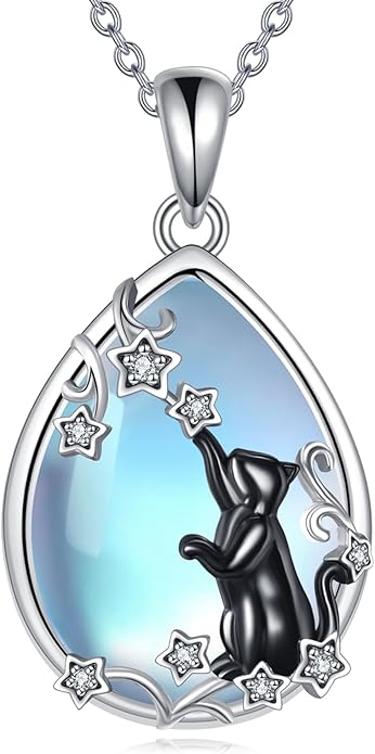 LUHE Moonstone Necklace 925 Sterling Silver Fox/Axolotl/Cat/Raccoon/Penguin/Frog/Panda/Highland Cow Pendant Necklace Animal Jewelry Gifts for Women