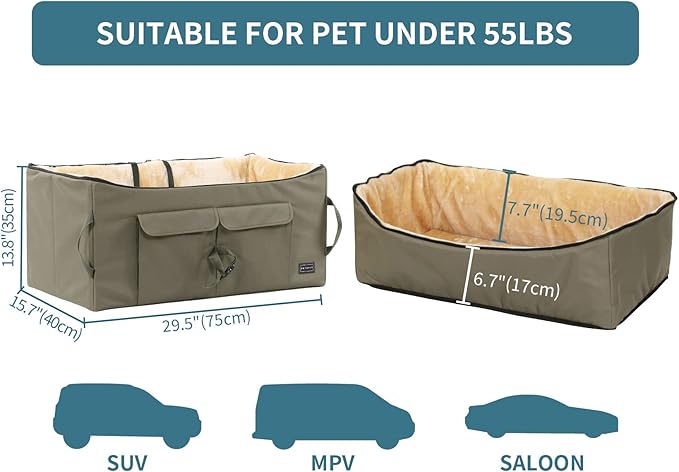 Petsfit Dog Booster Seat For 2 Small Dogs or Medium Dog up to 45 lb, Large Dog Car Seat With 2 Big Pockets for Cars, Trucks and SUVs (Large, Dark Brown)