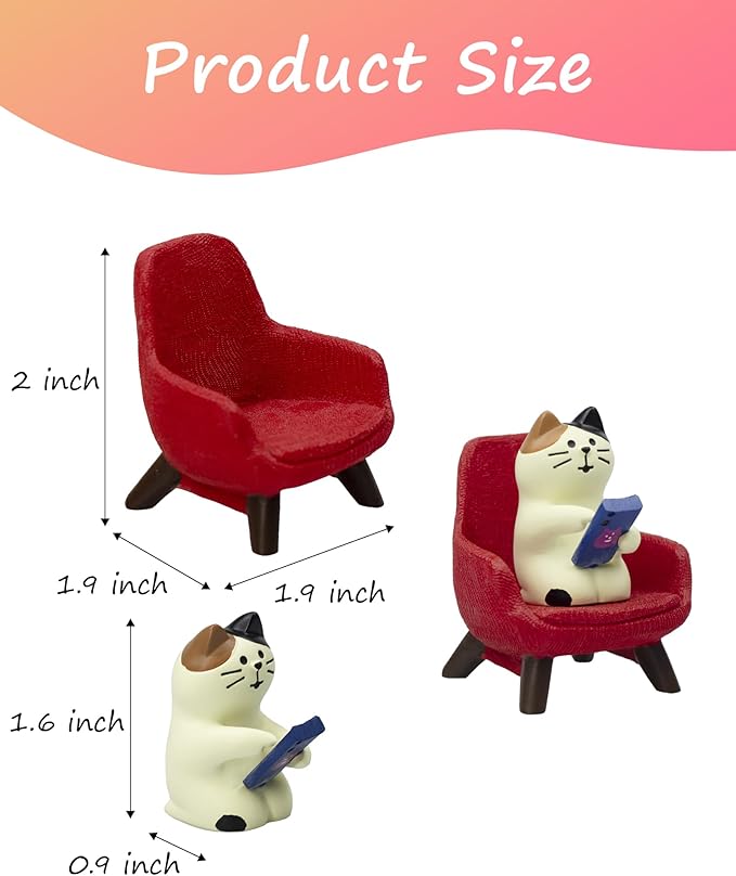 Cute Cat Playing Phone on Sofa Resin Figurine Desk Decor & Cat Lover Gift (Red Sofa)
