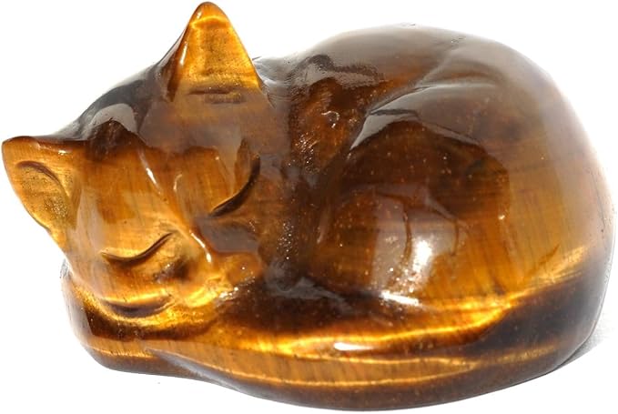OwMell Tiny Sleeping Cat Statue Hand-Carved Healing Stone Gemstone Little Kitten Statue Figurine 2" - Tigers Eye Sleeping Cat