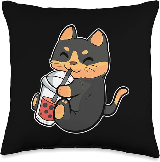 Cat Lover Bubble Tea Anime Figure Boba Milk Manga Merch Throw Pillow