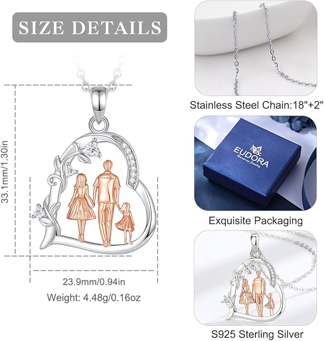 EUDORA Sterling Silver Mother Daughter Necklace for Women, Mama Son Daughter Necklace Pendant for Mom and Daughter,Mom Jewelry from Daughter Mother's Day Gift for Mother Daughter Aunt Grandma