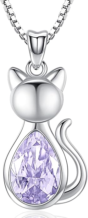 Odinstone Cat Birthstone Necklaces Jewelry Sterling Silver Cat Pendant Necklace Gift for Women Gifts, 18'' Silver Box Chain Women's Birthstone Crystal Cat Jewelry Gifts