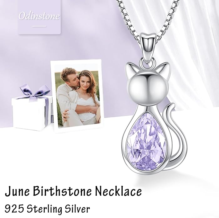 Odinstone Cat Birthstone Necklaces Jewelry Sterling Silver Cat Pendant Necklace Gift for Women Gifts, 18'' Silver Box Chain Women's Birthstone Crystal Cat Jewelry Gifts
