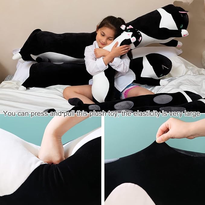 Giant Cat Pillow Plush Cartoon Kitty Sleeping Hugging Pillow, Cuddly Soft Long Kitten Body Pillow Doll Cat Cushion Toy for Kids Girlfriend (Black, 70cm/ 27.55inch)