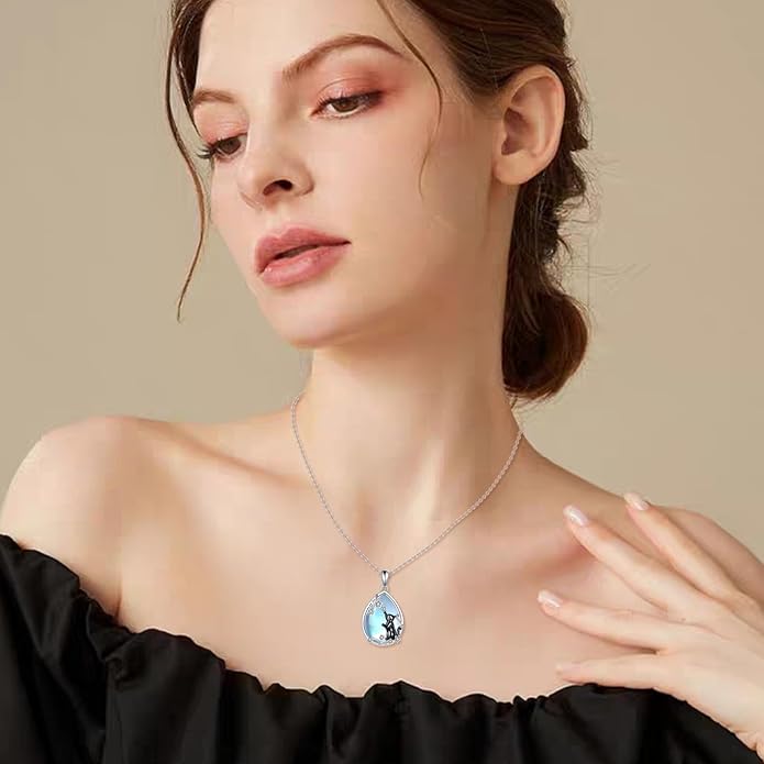 LUHE Moonstone Necklace 925 Sterling Silver Fox/Axolotl/Cat/Raccoon/Penguin/Frog/Panda/Highland Cow Pendant Necklace Animal Jewelry Gifts for Women