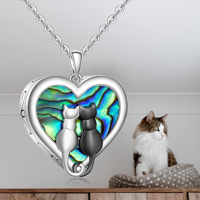 Cat Necklace for Women Ashes Cremation Cat Urn Necklaces for Women Abalone Shell Sterling Silver Paw Print Black Cats Yin Yang Memorial Keepsake Gifts