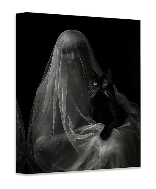 Ghost with a Black Cat Halloween Poster - Dark Academia Gothic Home Decor, Eerie Mystery Figure Art Print for Halloween Enthusiasts and Unique Wall Art Collectors (Stretched Canvas, 18" x 24")