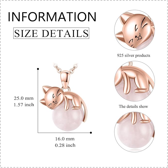 Cat Necklace Sterling Silver Cat Pendnat with Rose Quartz Pearl Jewelry Gifts for Women Cat Lovers