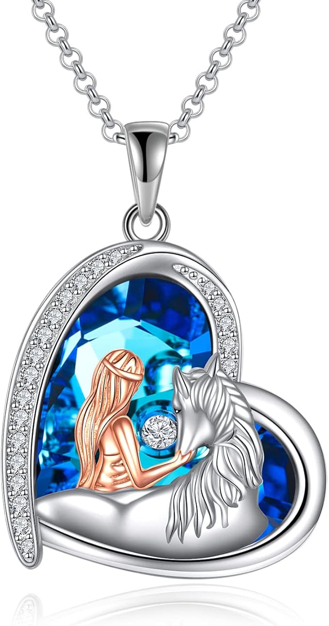 Horse Necklace Women Sterling Silver Crystal Love Heart with Horse Pendant Necklace Jewelry Christmas Gifts for Horse Lovers