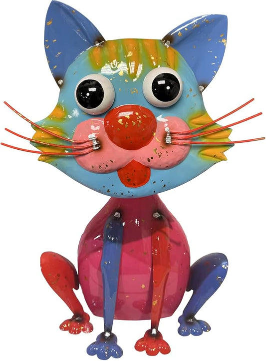 Colorful Metal Cat Statue with a Pink Body for Outdoor Decorative Garden Art, Indoor Home Decoration, Ornament Sculpture