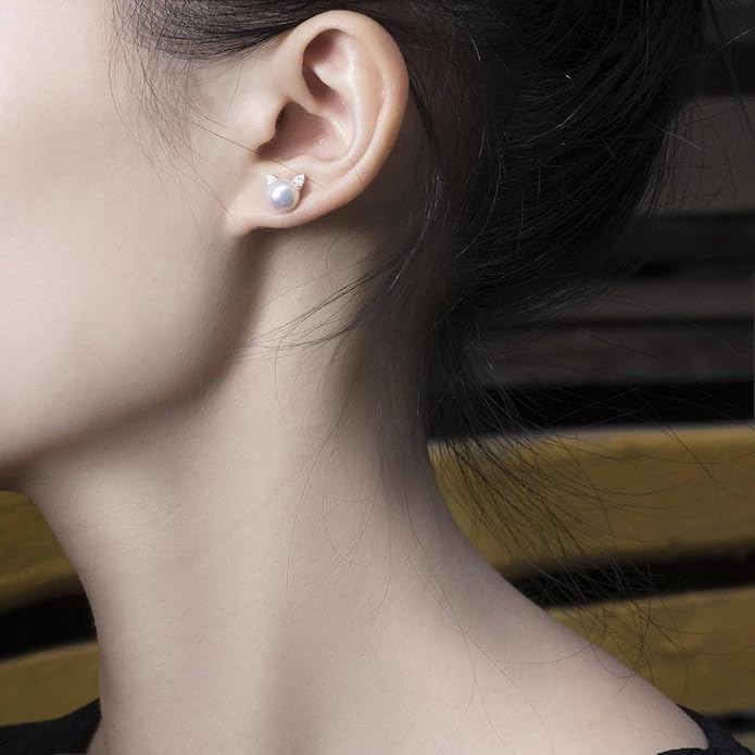 S.Leaf Cat Earrings Pearl Earrings Sterling Silver Earrings for Women Cat Memorial Gifts Cat Gifts for Cat Lovers Cat Jewelry for Women