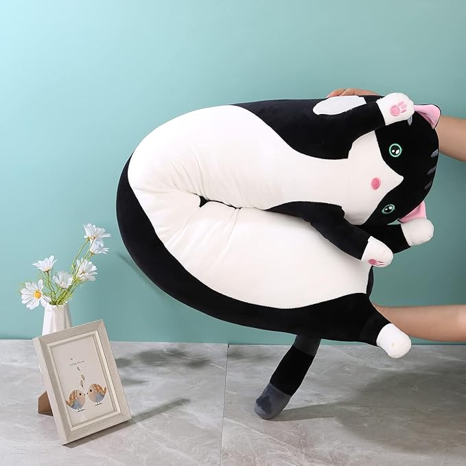 Cute Long Plush Cat Pillow,Soft Plushie Stuffed Animal Toy,Gift for Kids Girlfriend (Black, 43.3inch/110cm)