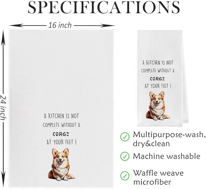 Funny Corgi Dish Towels Set - Waffle Weave Kitchen Hand Tea Towels for Bathroom, Decorative Gift for Corgi Lovers (1624 Inches, Set of 2)