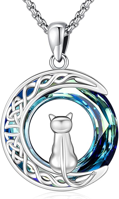 Odinstone Cat Necklace, S925 Sterling Silver Cat on Moon Pendant with Cubic Zirconia, Cat Jewelry Mothers Day Gifts for Mum with Gift Package - I Love You Forever