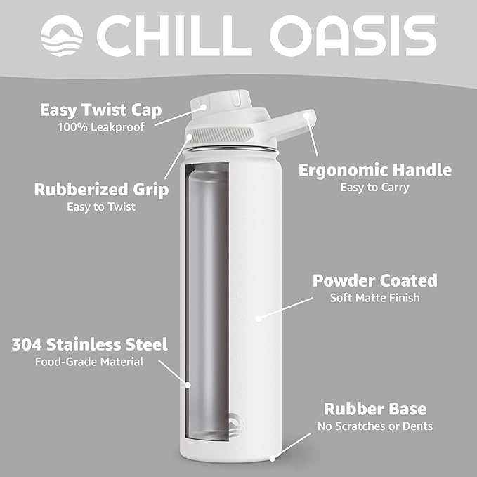 Chill Oasis Water Bottle | Compatible With Popular Flavor Cartridges | BPA Free, Leak Proof, Double-Walled Vacuum Insulated Stainless Steel, and Dishwasher Safe | Cold for 24 Hours (White, 22oz)