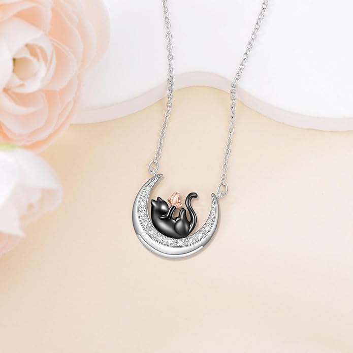 Diamond Black Cat Necklace 925 Sterling Silver Cute Animal Pendant for Women Jewelry Gifts for Anniversary
