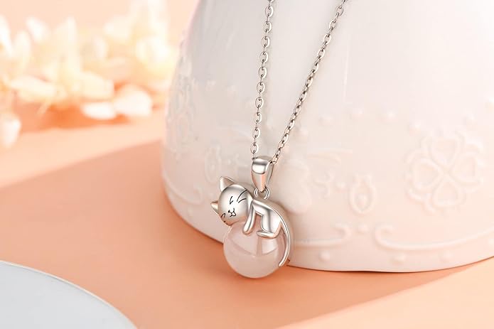 Cat Necklace Sterling Silver Cat Pendnat with Rose Quartz Pearl Jewelry Gifts for Women Cat Lovers